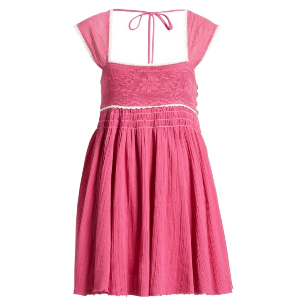 Free People Heartland Mini Dress Pink Lace Babydoll Boho sz L NWT - Picture 5 of 12